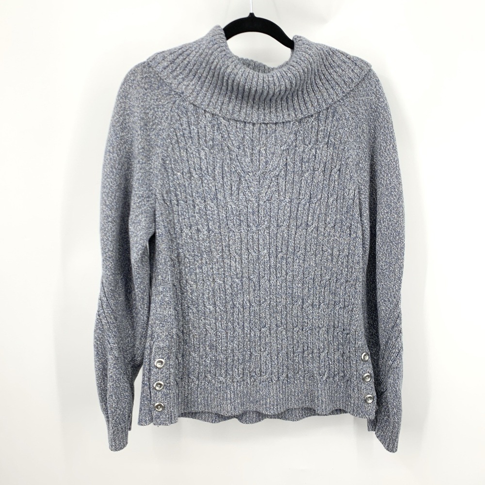 Talbots‎ Women Size XL Sweater Cowl Neck Pullover Top Blue Cable Knit Cotton